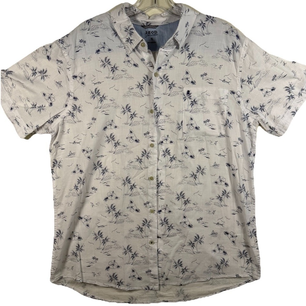 Izod Saltwater Mens XL White Navy Blue Tropical Palm Tree Linen Blend Shirt SS